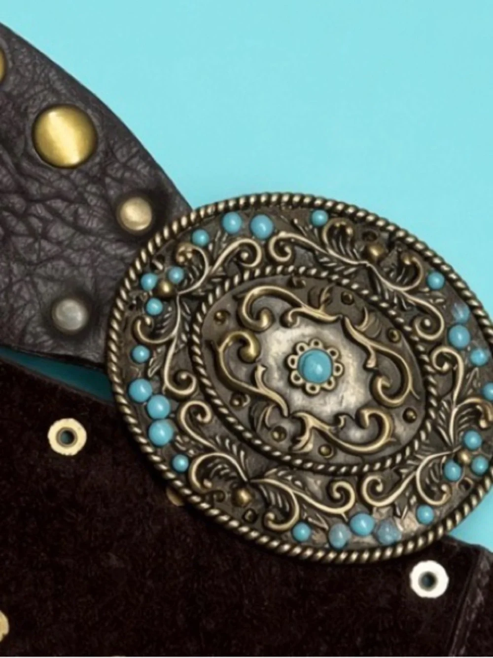 Vintage Leatherock Brown Leather Western Belt brass suds turquoise buckle